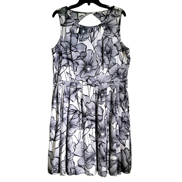 Danny & Nicole Sz 18 Black & White Floral Sleeveless Dress. Fit & Flare, Keyhole - Picture 1 of 12